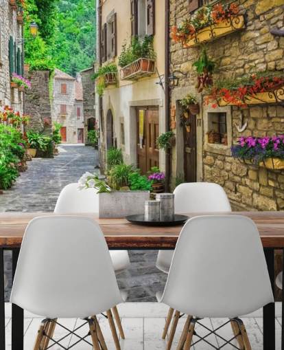 mural de papel pintado de fachada personalizado llamado Tuscan Old Town Street para cocinas