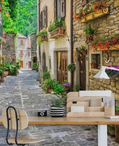 tilpasset fasadetveggmaleri kalt Tuscan Old Town Street for kjøkken