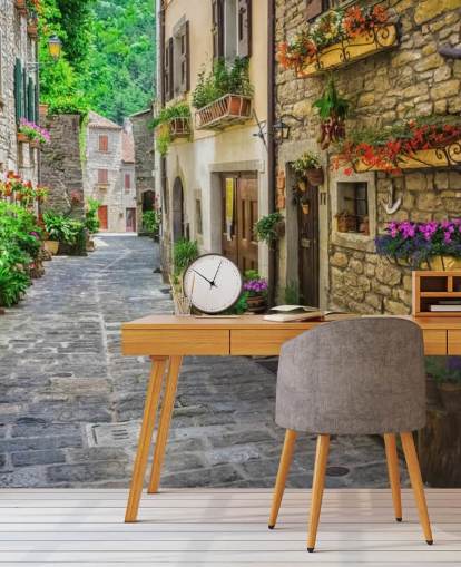 op maat gemaakte gevelbehangmuurschildering genaamd Tuscan Old Town Street voor keukens op maat gemaakte gevelbehangmuurschildering genaamd Tuscan Old Town Street voor keukens