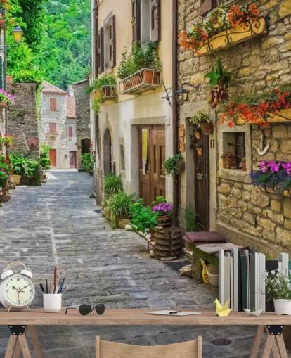 op maat gemaakte gevelbehangmuurschildering genaamd Tuscan Old Town Street voor keukens op maat gemaakte gevelbehangmuurschildering genaamd Tuscan Old Town Street voor keukens