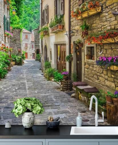 custom facade wallpaper mural called Tuscan Old Town Street for kitchens