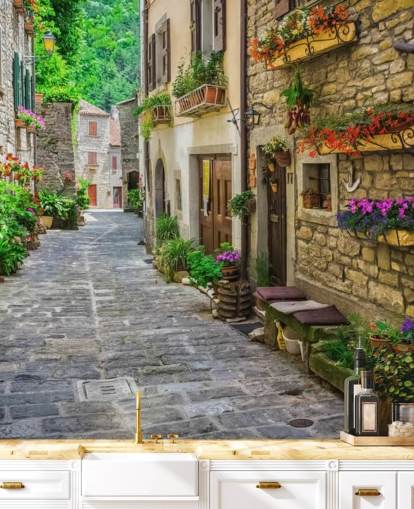 anpassad fasad tapetväggmålning kallad Tuscan Old Town Street för kök