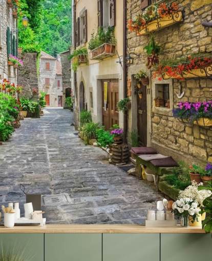 mural de papel de parede de fachada personalizado chamado Tuscan Old Town Street para cozinhas
