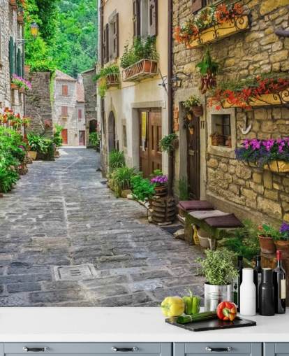 brugerdefineret facade tapet vægmaleri kaldet Tuscan Old Town Street til køkkener