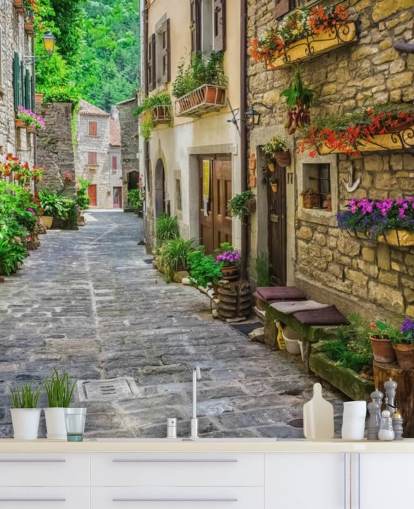 tilpasset fasadetveggmaleri kalt Tuscan Old Town Street for kjøkken