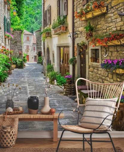 mural de papel pintado de fachada personalizado llamado Tuscan Old Town Street para cocinas