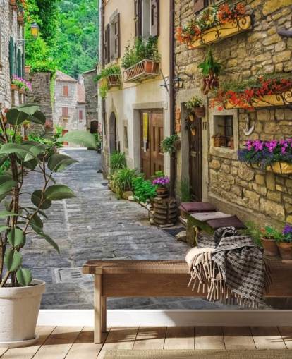 mural de papel pintado de fachada personalizado llamado Tuscan Old Town Street para cocinas