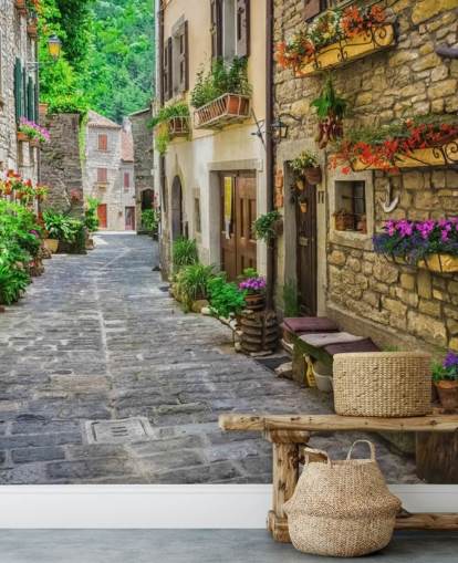 mural de papel de parede de fachada personalizado chamado Tuscan Old Town Street para cozinhas