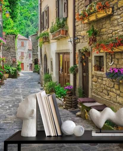 mural de papel pintado de fachada personalizado llamado Tuscan Old Town Street para cocinas