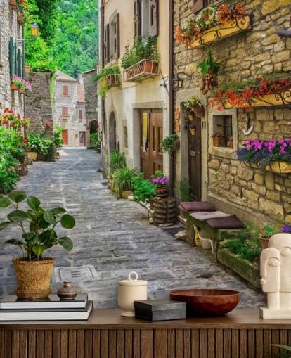 mural de papel pintado de fachada personalizado llamado Tuscan Old Town Street para cocinas