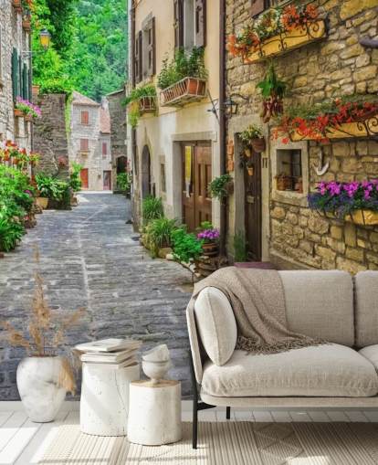 op maat gemaakte gevelbehangmuurschildering genaamd Tuscan Old Town Street voor keukens op maat gemaakte gevelbehangmuurschildering genaamd Tuscan Old Town Street voor keukens