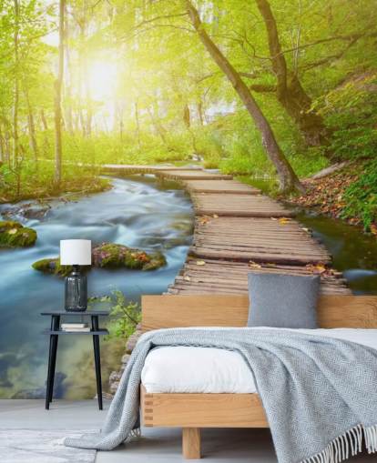 Board Bridge in Sunlit Forest Wallpaper