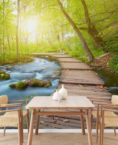Fondo de pantalla de puente en bosque iluminado por el sol