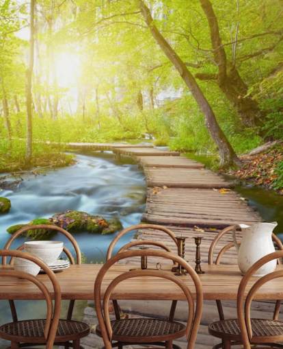 Board Bridge in Sunlit Forest Carta da parati Board Bridge in Sunlit Forest Carta da parati
