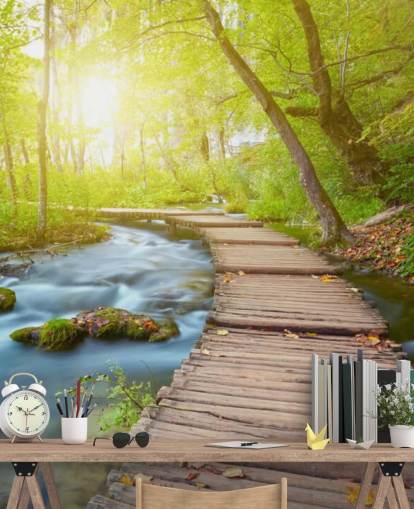 Board Bridge in Sunlit Forest Wallpaper