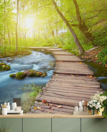 Board Bridge i solbelyst skog Bakgrund