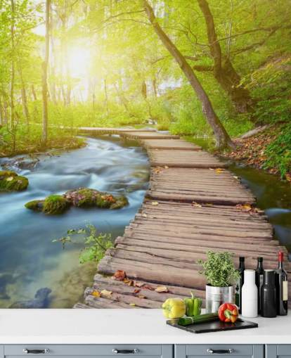Board Bridge in Sunlit Forest Wallpaper
