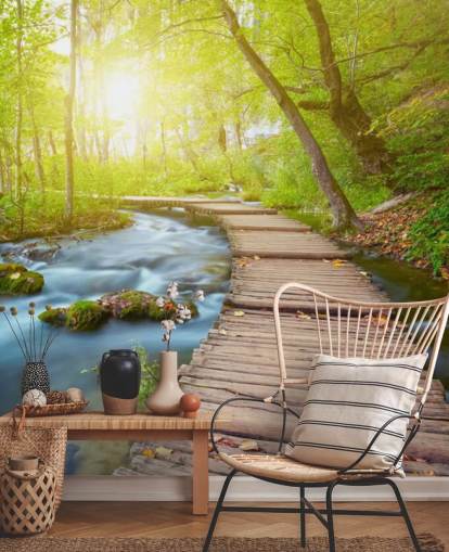 Board Bridge in Sunlit Forest Carta da parati Board Bridge in Sunlit Forest Carta da parati