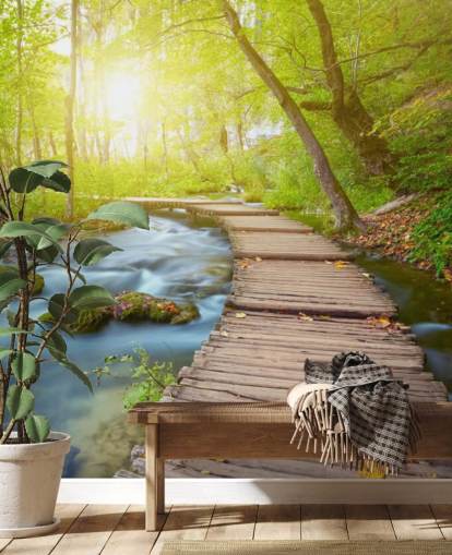 Fondo de pantalla de puente en bosque iluminado por el sol
