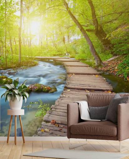 Board Bridge in Sunlit Forest Wallpaper