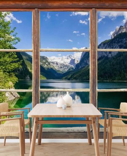 Decorazione murale con finestra con vista sulle montagne innevate