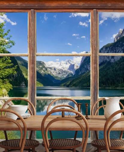 Snowy Mountain View Vindue vægmaleri