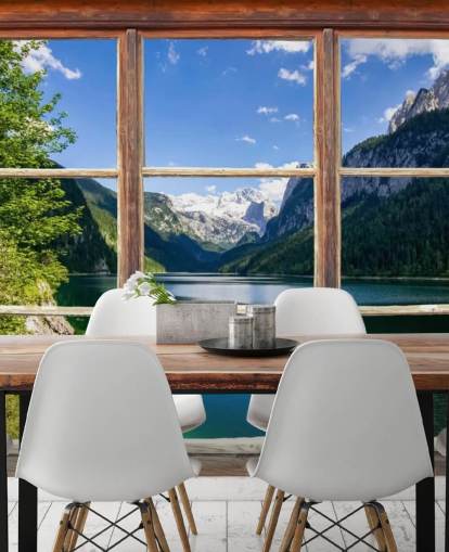 Fenster-Wandgemälde mit Blick auf die Berge Fenster-Wandgemälde mit Blick auf die Berge