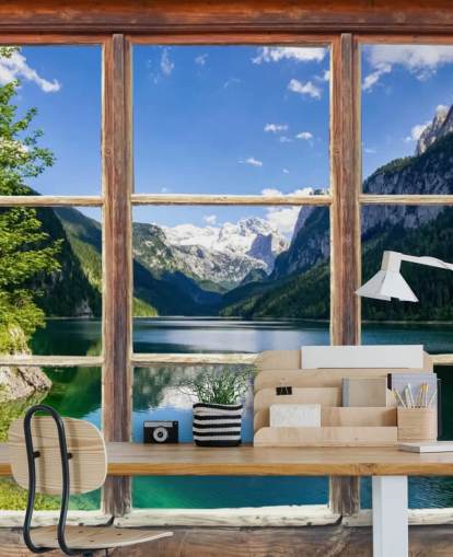 Decorazione murale con finestra con vista sulle montagne innevate Decorazione murale con finestra con vista sulle montagne innevate