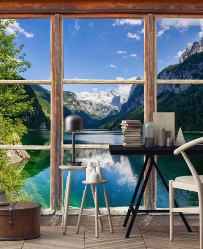 Decorazione murale con finestra con vista sulle montagne innevate