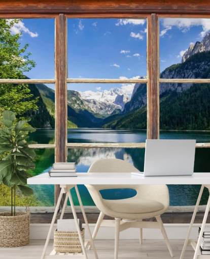 Fenster-Wandgemälde mit Blick auf die Berge Fenster-Wandgemälde mit Blick auf die Berge