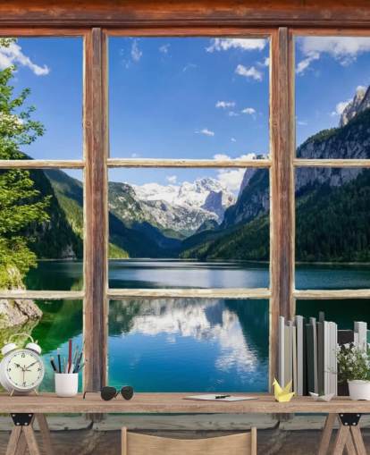 Mural de pared Ventana con vistas a la montaña nevada