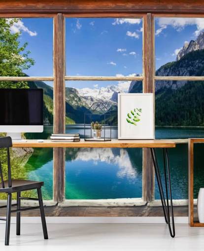 Papier Peint Fresque Fenêtre avec Vue sur la Montagne