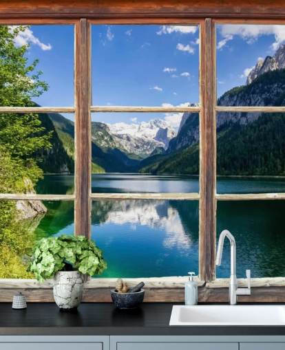 Snowy Mountain View Window Wall Mural