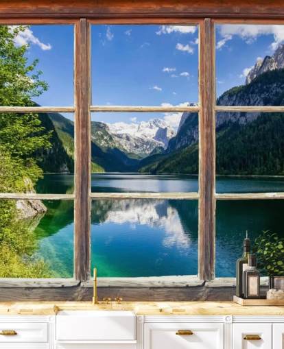 Mural de pared Ventana con vistas a la montaña nevada