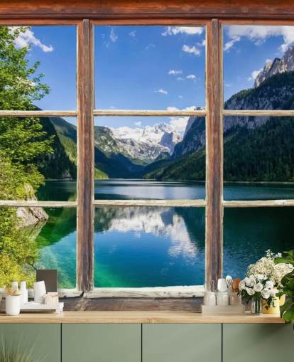 Mural da parede da janela com vista para a montanha