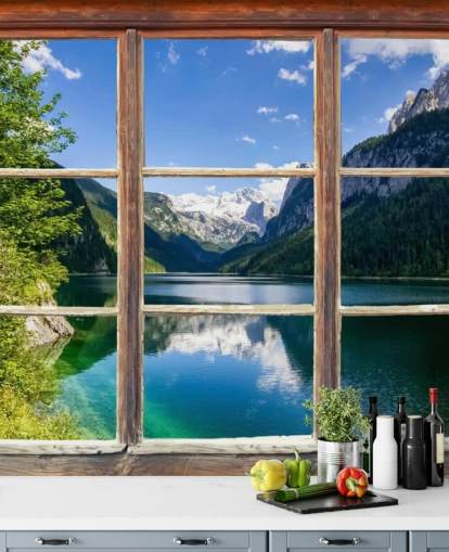 Snowy Mountain View Window Wall Mural