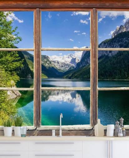 Fenster-Wandgemälde mit Blick auf die Berge