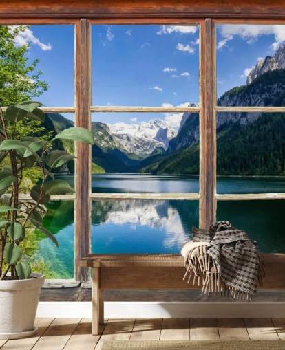 Decorazione murale con finestra con vista sulle montagne innevate