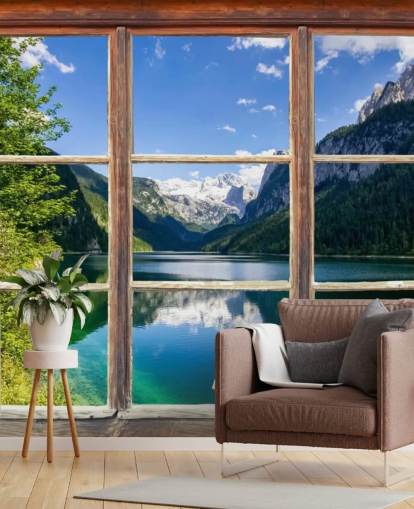 Mural da parede da janela com vista para a montanha