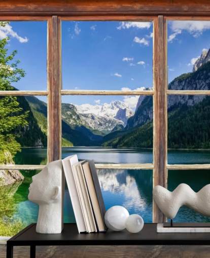 Mural de pared Ventana con vistas a la montaña nevada