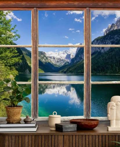 Fenster-Wandgemälde mit Blick auf die Berge