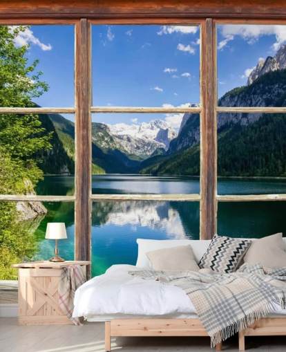 Fenster-Wandgemälde mit Blick auf die Berge Fenster-Wandgemälde mit Blick auf die Berge