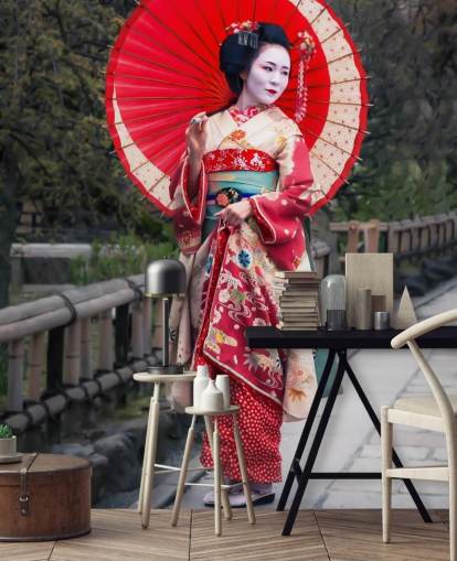japanese geisha girl in red wallpaper