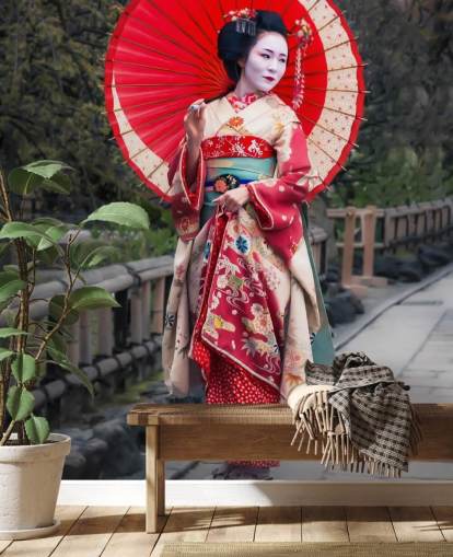 japansk geisha flicka i röd tapet japansk geisha flicka i röd tapet