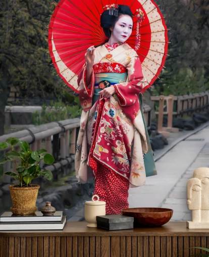 japans geisha meisje in rood behang