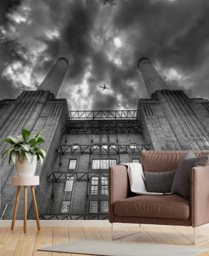 black and white photo of battersea wall mural