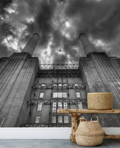 black and white photo of battersea wall mural