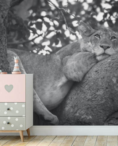 Papier Peint Fresque Lion reposant sur une branche