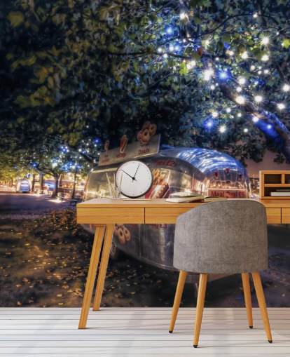 papel pintado caravana plateada en bosque iluminado papel pintado caravana plateada en bosque iluminado