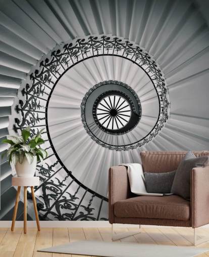 fondo de pantalla de escalera curva en blanco y negro